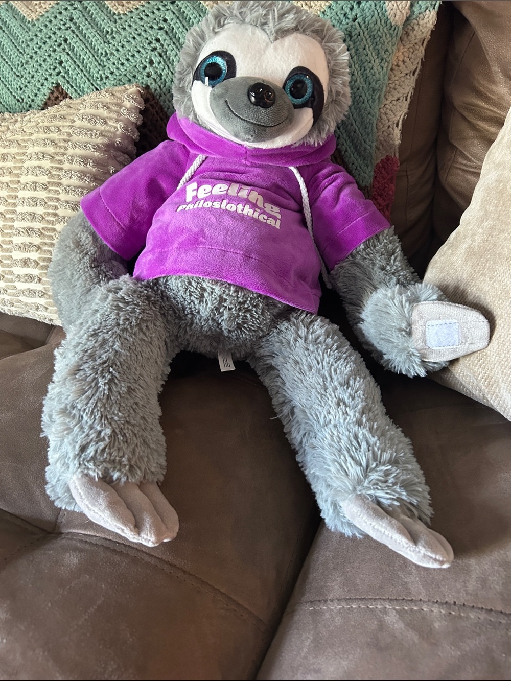 Plush Gray Sloth Toy with Purple Hoodie - Feeling Slothical